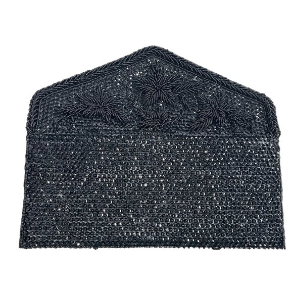 Handmade Women’s Black Beaded  Flower Pattern Evening Clutch Bag Sz S - Picture 5 of 6